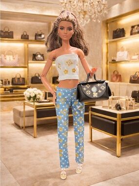 Fashion doll  Blue Floral Print Pants & White Crop Top Set